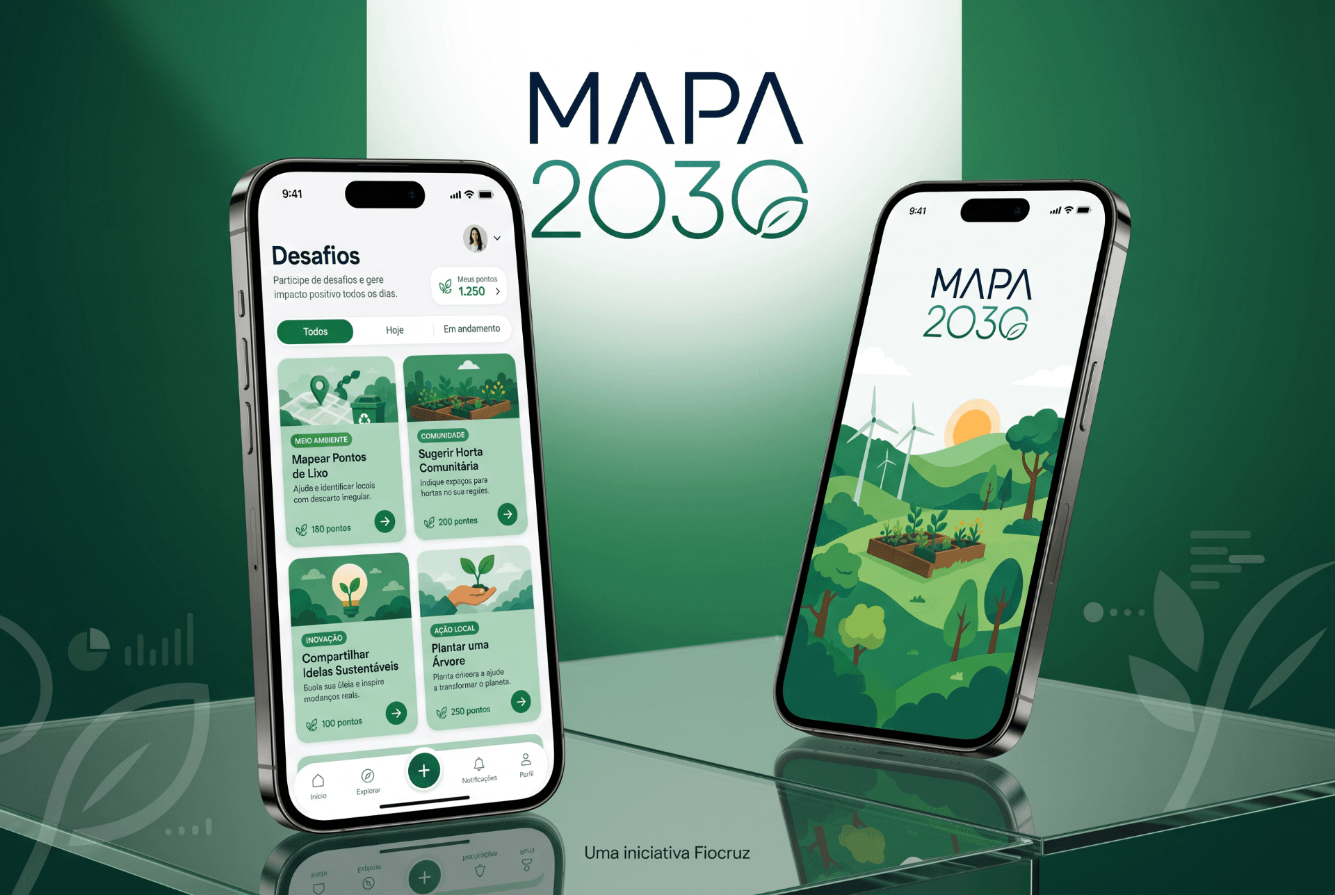 Ilustração de um território sustentável com montanhas, rio e cidade verde.