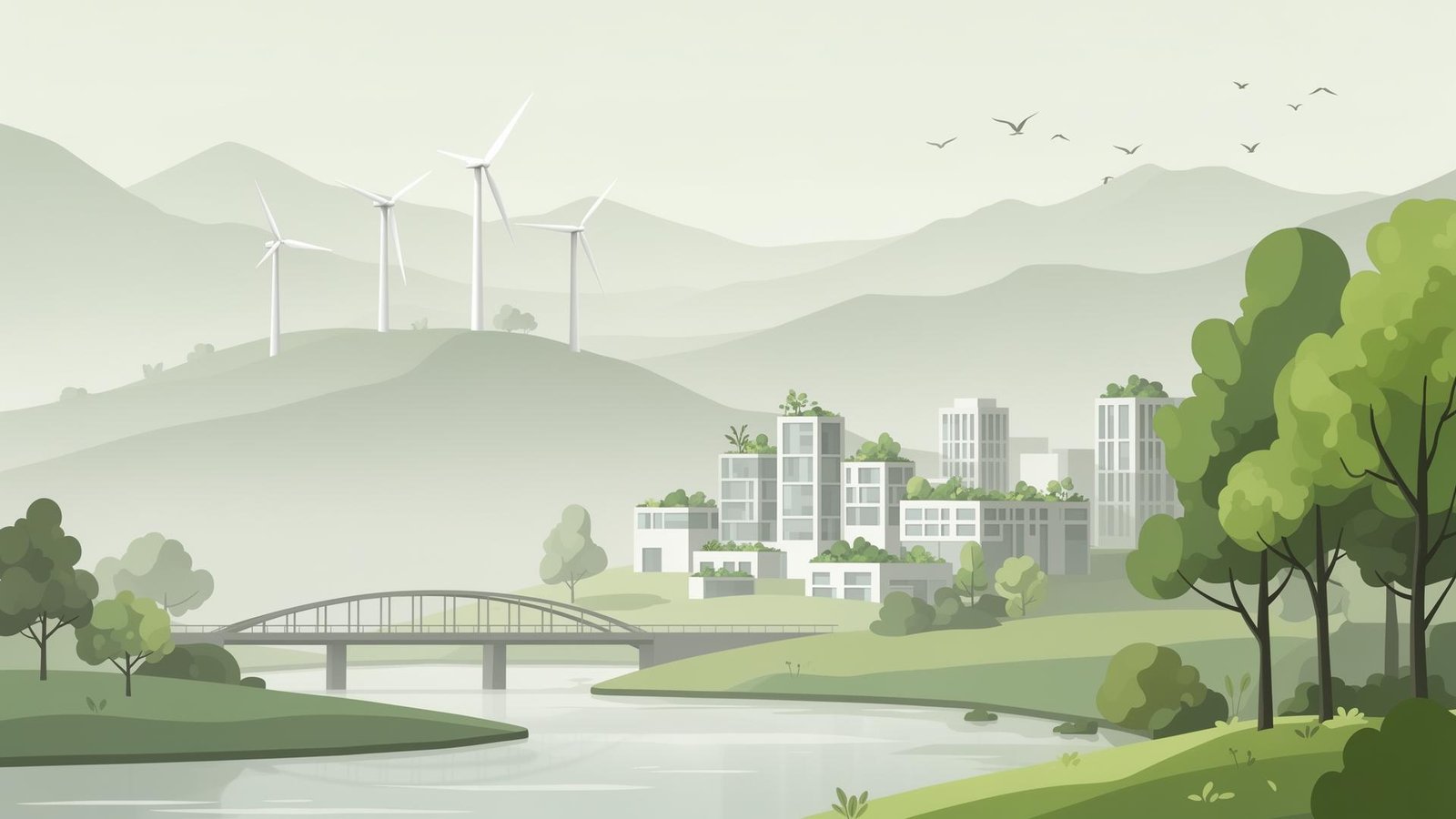 Ilustração de um território sustentável com montanhas, turbinas eólicas, cidade verde, rio e ponte.